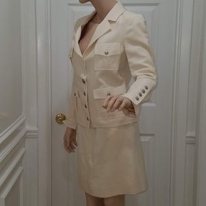 CHANEL Cream Suit w/ Frayed Hems CC & Buttons